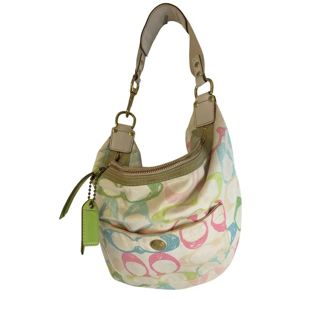VTG Y2K Coach Multicolor Signature Print Hobo Bag Leather Accents Canvas
